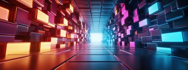 Fototapeta premium Colorful abstract corridor with glowing cubes and futuristic theme
