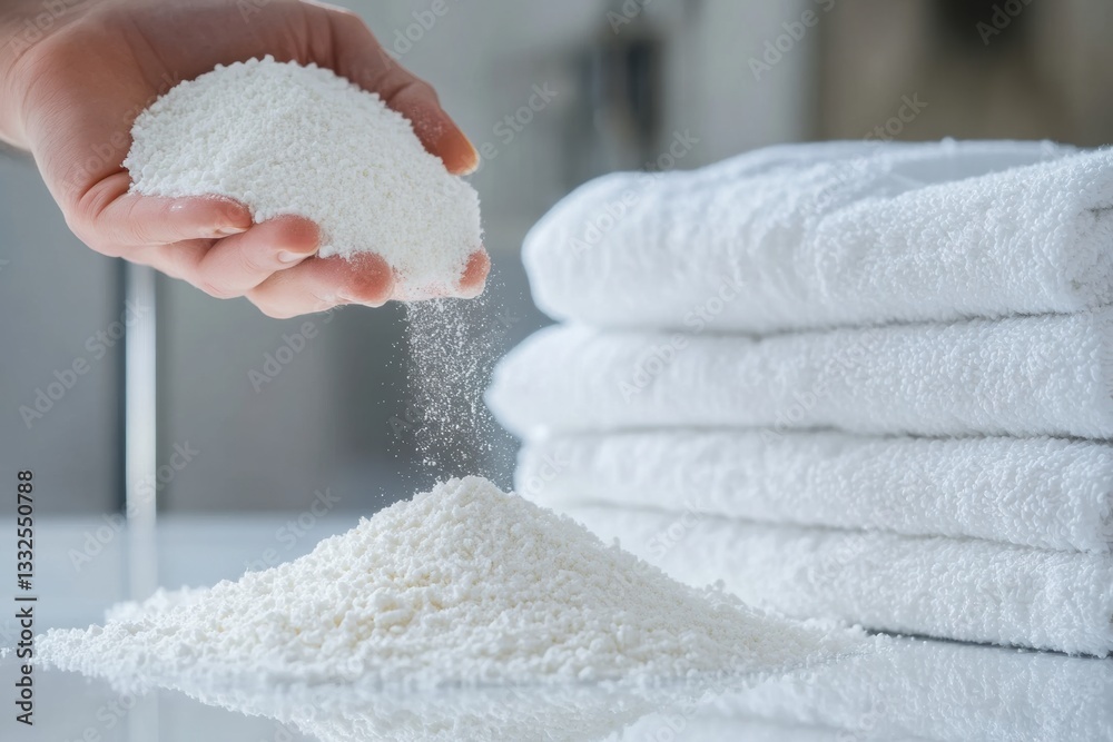 Poster Hand pouring laundry detergent powder on a surface next to a neat stack of white laundry in bright and soft lighting Generative AI