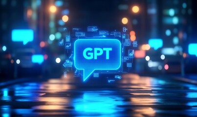 A blue chat GPT hologram hud on a blurry wide background with a mockup location. AI, online support and customer service concept. 3D rendering. ,