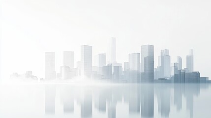 Modern skyline shrouded in soft fog.
