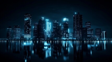 Fototapeta premium Modern skyline with glowing blue skyscrapers.