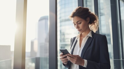 Fototapeta premium A young businesswoman CEO confidently using a mobile app on her smartphone, dressed in an elegant navy-blue blazer with a white blouse, her hair neatly tied back in a professional ponytail.