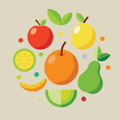 Vector illustration of various fruits including apple, orange, strawberry, pear, banana, peach, plum, lemon, cherry, and more in a seamless design