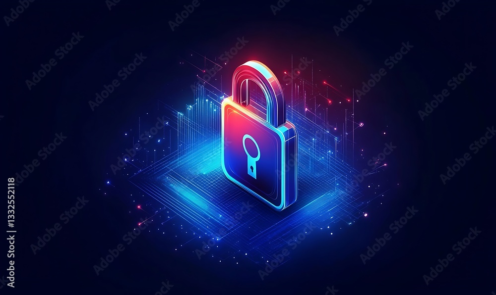 Poster web protect or security symbol. cyber security icon. abstract closed lock with key. isometric vector
