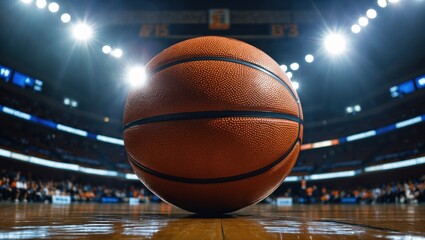 Close-up view of a basketball on a wooden court floor with bright stadium lights illuminating the scene