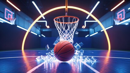 Dynamic basketball scene with a glowing hoop and a ball creating a splash effect upon impact on the court