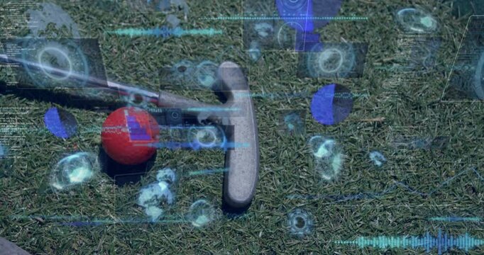 Hockey stick and ball on grass with digital data processing animation overlay