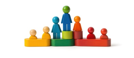 Obraz premium A set of colorful wooden figures standing on different levels, representing the distinct personalities within an office team or group against an isolated white background. 