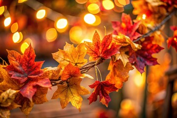Fototapeta premium Vibrant Autumn Leaf Garland Close-Up: Dried Fall Foliage Decoration