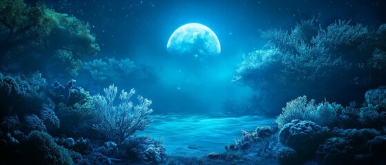Enchanting moonlit coral garden with ethereal silver glow under starry night sky