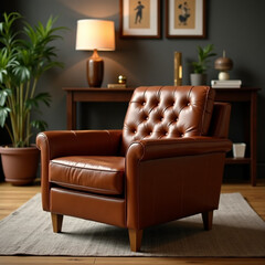 Elegant brown leather armchair in a stylish living room interior. Classic tufted design with wooden legs, surrounded by warm lighting, plants, and decor. Luxurious and cozy home furnishing.