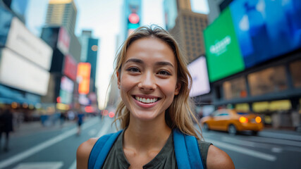 Young tourist smiling in times square, new york city