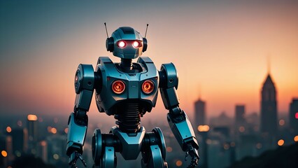 Fototapeta premium Futuristic robot overlooking a city skyline at sunset. A powerful image depicting technological advancement and urban landscapes.