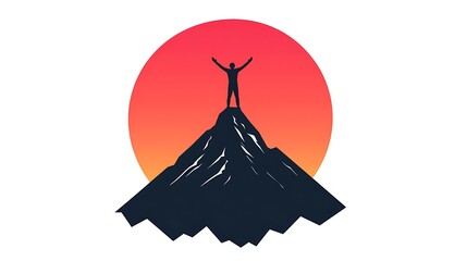 Triumph on the Summit: A silhouette of a person standing atop a mountain with arms raised against the backdrop of a rising sun, representing achievement and personal victory