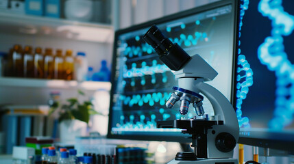 Close up of a researcher analyzing biological data under a microscope, surrounded by futuristic medical technology.