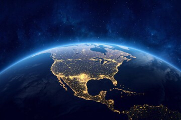 Earth Day, Night View of the globe from Space Illuminated Cities and Starry Sky