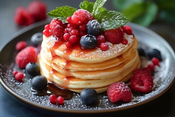 Delicious pancakes stacked on plate with berries and maple syrup