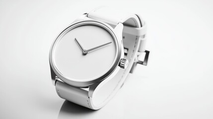 Stylish white wristwatch on minimalist background.