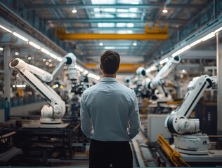 Fototapeta premium A young man in a white t-shirt stands at the end of an assembly line and looks up. 