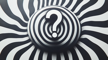 White Question Mark Centered on Psychedelic Black and White Circular Pattern with Optical Illusion Effect