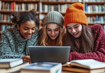 Three smiling students gather around a laptop in library stacks with books on table