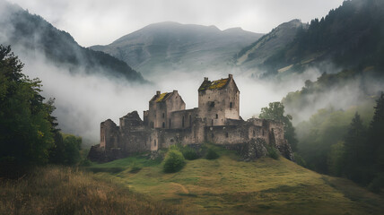 An ancient castle hidden deep in a foggy mountain range, surrounded by lush greenery.