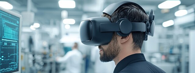 Young Man Using Virtual Reality Headset in Modern Laboratory Setting