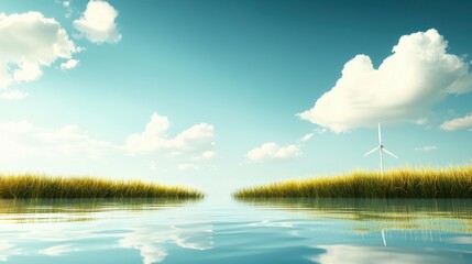 Obraz premium Tranquil Landscape with Water, Grass, Clouds, and Wind Turbine