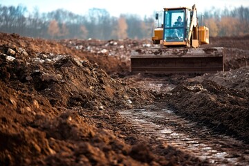 Fototapeta premium Bulldozer moving earth on construction site creating ground tracks