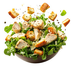 A Fresh Chicken Caesar Salad with Croutons and Parmesan Isolated on Transparent Background