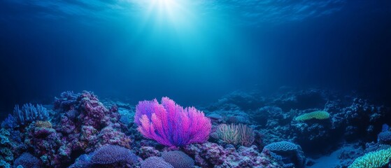 Fototapeta premium Twilight underwater scene with bioluminescent coral reef for design and decoration