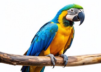 Obraz premium Vibrant Blue-and-Yellow Macaw Parrot Isolated on White Background, Copy Space Right
