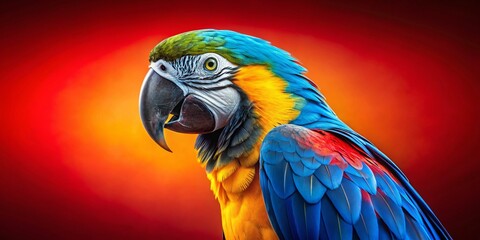 Fototapeta premium Vibrant Blue-and-Yellow Macaw Parrot on Red Background - Exotic Bird Portrait