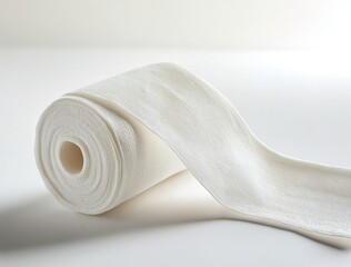 White cotton gauze bandage, close-up of toilet paper roll on a white background