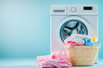 White washing machine with a basket of freshly washed colorful towels against a blue wall, concept of cleanliness and laundry care, copy space