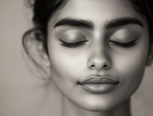Fototapeta premium Black and white portrait of an Indian woman with closed eyes, close-up shot.