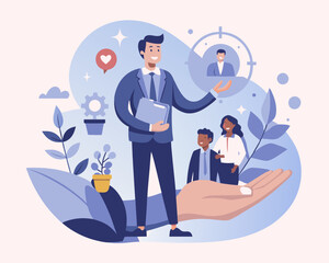 Customer retention, marketing strategy for customer loyalty, employee engagement, recruitment or human resource hiring, consumer care or benefit concept, businessman hand holding customer with care.