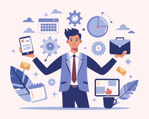 Project management, strategic plan to manage resources for development, working process and schedule, task completion concept, smart businessman project manager manage multiple project.