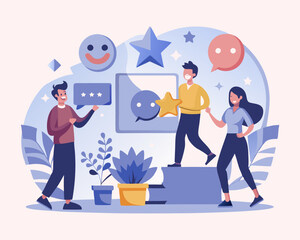 Social media customer feedback review, employee satisfaction, positive feedback on online ranking, giving high score rating, like or happy opinion concept, people carry social feedback elements.