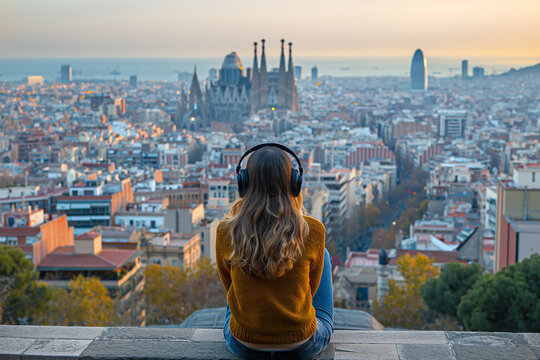 A woman wearing headphones is sitting on a ledge overlooking a city