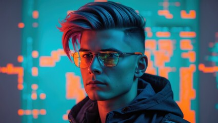 Young man with stylish hair and glasses, set against a futuristic digital background featuring vibrant blue and orange hues, representing modern