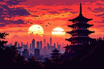 Fototapeta premium Pixel art cityscape with traditional pagoda and futuristic skyline under dual sunset.