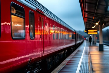 Red train waiting at the station on a rainy day