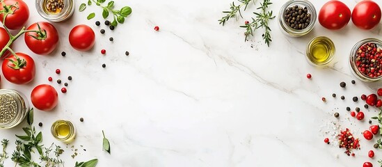  Flat lay of a white marble kitchen counter with food ingredients like tomatoes, herbs, and spices on the sides.