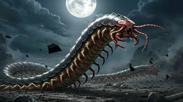 A giant centipede in a dark and eerie landscape.