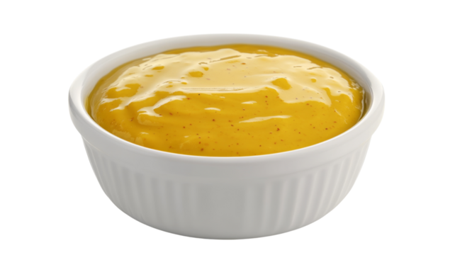 Delicious cheese sauce in a white bowl on transparent background