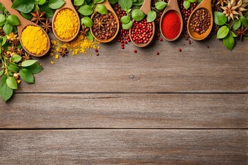 Spices in wooden spoons on rustic wooden background.