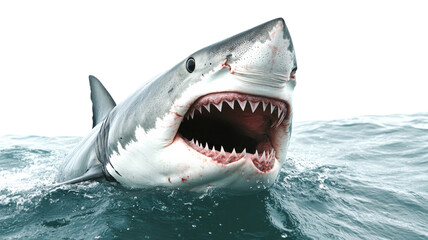 Fototapeta premium Great white shark opening its jaws while emerging from the ocean with transparent background