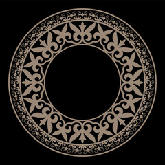 Gold round Asian Kazakh national ornament, persian motif. Ornamental element of Turkic, Kazakh, Kyrgyz, Uzbek, national Asian decor for ceramic, plate, embroidery gold, skullcap, yurt, sandblasting