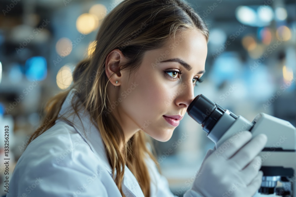 Aufkleber Scientist examining through a microscope in a laboratory setting, defocused light background creates a focused and professional atmosphere.